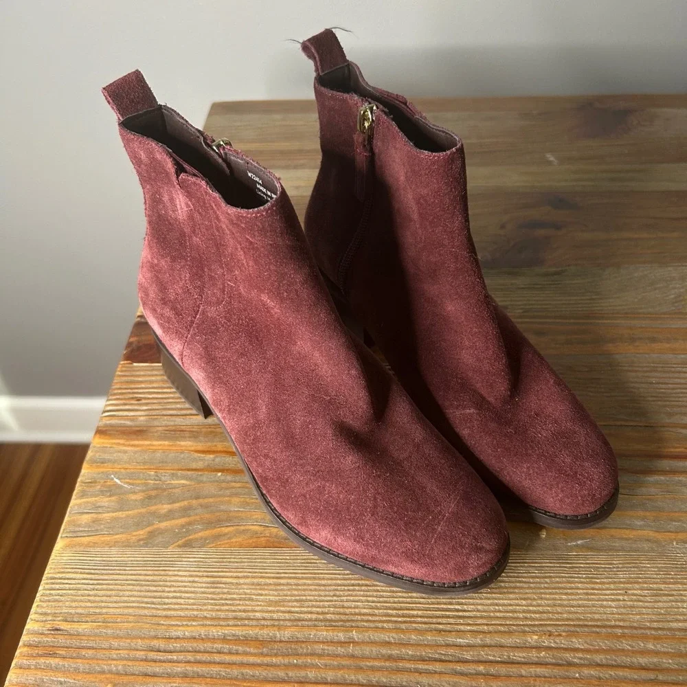 Cole Haan Burgundy Suede Ankle Boots‎ Side Zip Block Heel Women Size 7B